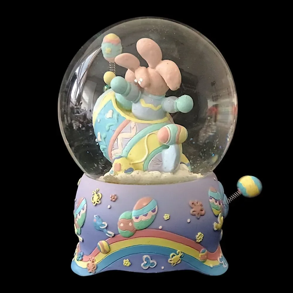 Easter Snow Globe Music Box Musical Bunny VIDEO Pastel Balloons Eggs Vintage 90s